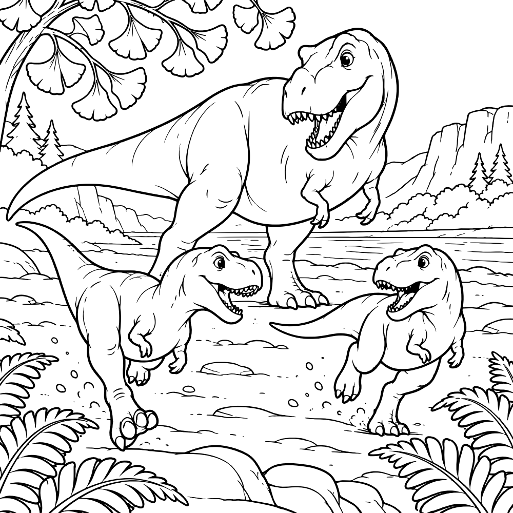 Two young T. rex play tag while a grown-up T. rex watches.