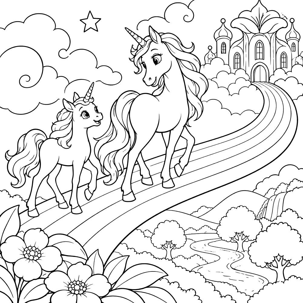 A grown-up unicorn and a little unicorn walk along a rainbow toward a castle in the clouds.