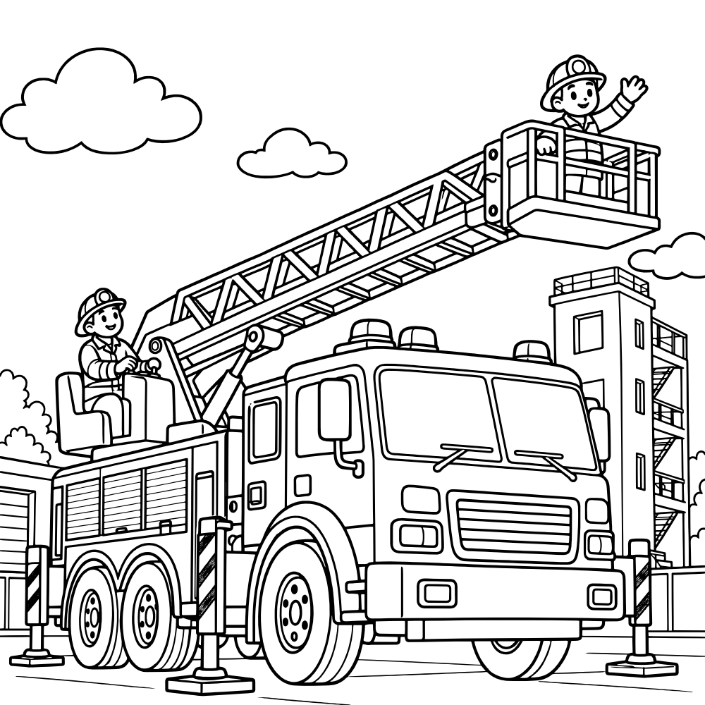 A large fire engine extends its ladder and rescue basket high into the sky.