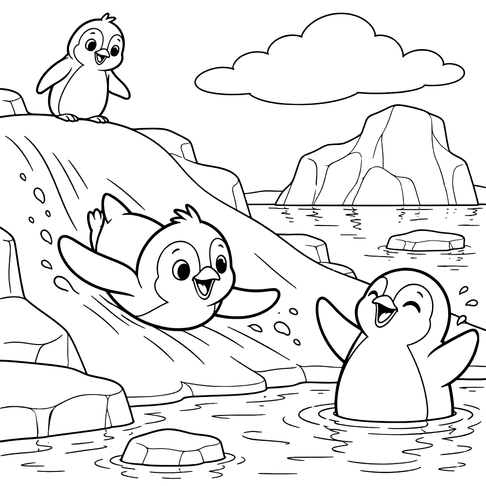 Playful penguins slide on their bellies down an icy slope into the water.